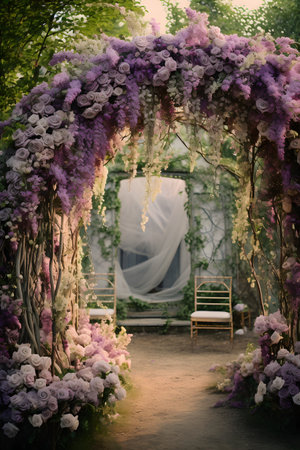 Wedding arch decorated with purple flowers. Wedding arch decorated with purple flowersの素材