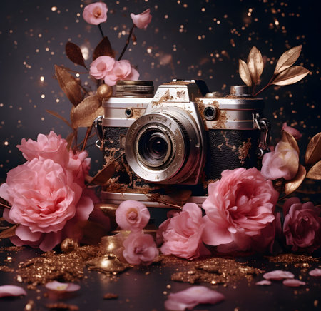 Retro camera with pink flowers and golden confetti on dark backgroundの素材