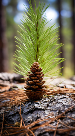 Pine cone on the bark of a pine tree in the forestの素材