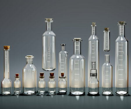 Laboratory glassware with test tubes on gray background. 3d renderの素材