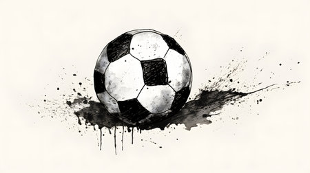 soccer ball on a white background with splashes of black paintの素材