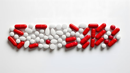 3d render of red and white pills in the form of the wordの素材