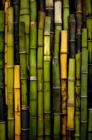 Green and yellow bamboo background in the garden. Close-up.の素材