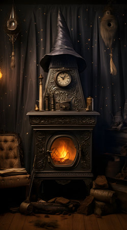 Vintage fireplace in dark room with clock and books. Halloween conceptの素材