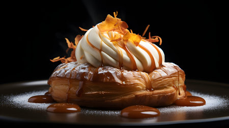 Delicious croissant with whipped cream and caramel on black backgroundの素材