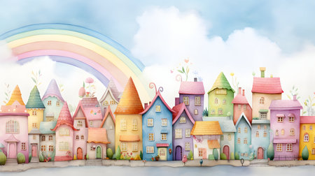 Fairy tale town with rainbow and clouds. 3D illustration.の素材