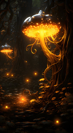 Fantasy landscape with jellyfish in the dark forest. 3d illustrationの素材
