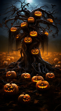 Halloween background with spooky tree and pumpkins - 3d renderの素材