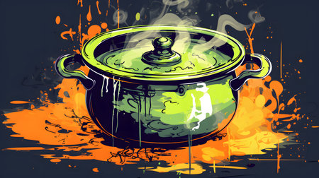 Illustration of a cauldron with boiling water on a grunge backgroundの素材