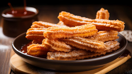 Fried churros in a plate on a wooden table.の素材