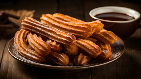 Churros and cup of coffee on wooden table, closeupの素材