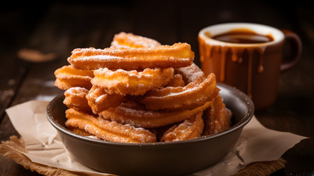 Fried churros with sugar and cup of coffee on wooden backgroundの素材