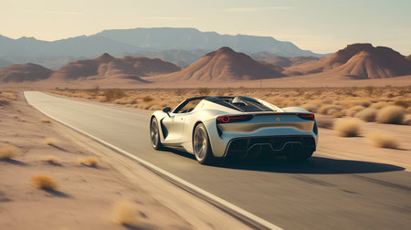 3D rendering of a brand-less generic concept car in the desertの素材