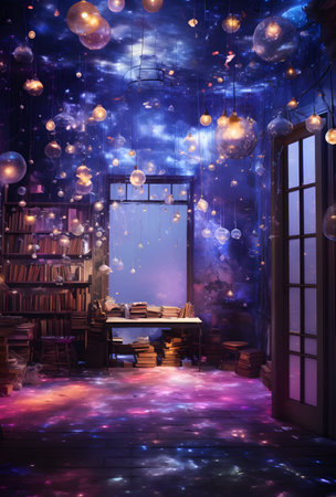 Illustration of a fantasy interior with books, window and fairy lightsの素材