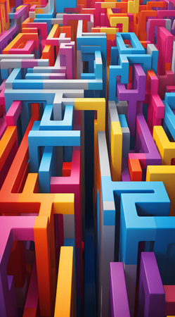 Colorful 3d rendering of a maze. Abstract geometric background.の素材
