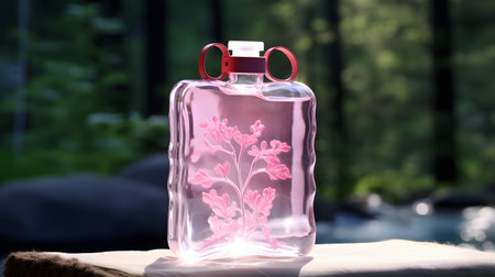 Glass bottle with a pink floral pattern on the table in front of the windowの素材