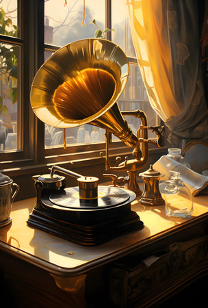 Vintage gramophone on the background of the window. 3d renderingの素材