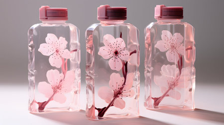 Three transparent bottles with pink cherry blossom flowers on a white backgroundの素材