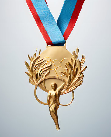 Gold medal with blue and red ribbon on grey background. 3d renderingの素材