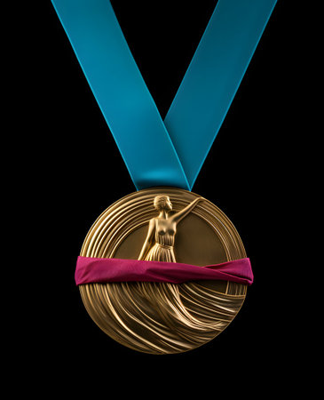 Gold medal with red ribbon isolated on black background. 3d illustrationの素材