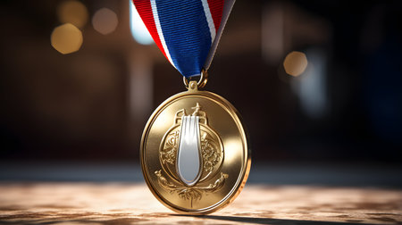 Gold medal with tricolor ribbon on the floor. 3D renderingの素材