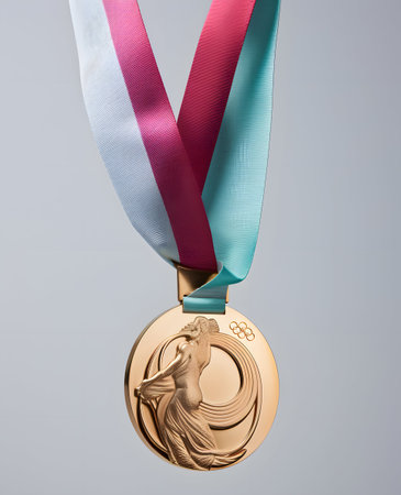 Gold medal with a figure of a deer and a ribbon on a gray backgroundの素材