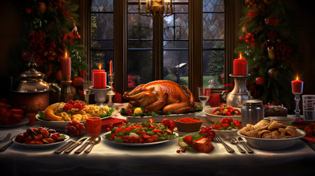 Thanksgiving dinner table with roasted turkey, berries, fruits and cookiesの素材
