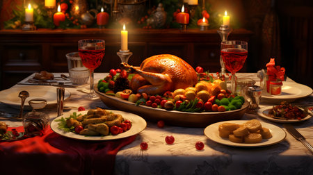 Thanksgiving dinner with roasted turkey, baked potatoes, fruits and candlesの素材