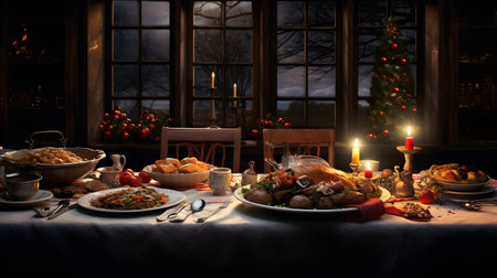 Traditional christmas dinner in dark room with christmas tree and presentsの素材