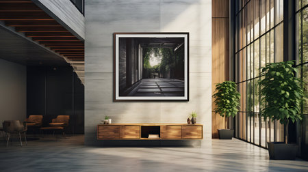 Modern office lobby interior with furniture and daylight. Mock up, 3D Renderingの素材