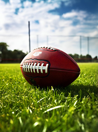 American football ball on green grass field with blue sky in background.の素材