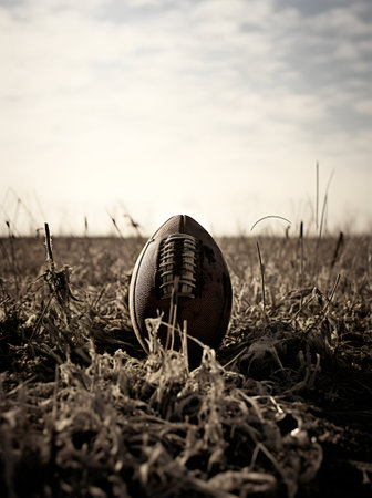 Rugby ball on field with grass and sky in background.の素材