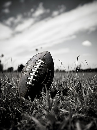 American football ball on green grass with cloudy sky in background. Black and white.の素材