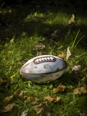 Rugby ball on the grass with fallen leaves in the backgroundの素材