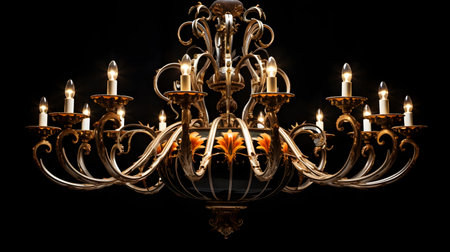 Vintage chandelier with burning candles on a black background.の素材