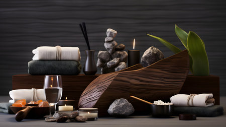 Spa still life with wooden boat, candles, stones and towelsの素材