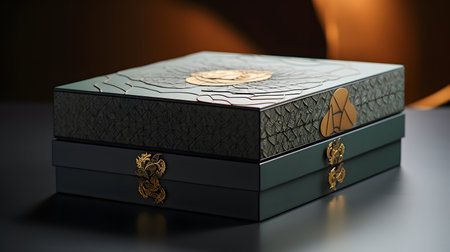 Black box with a gold pattern on a black background. 3d renderingの素材