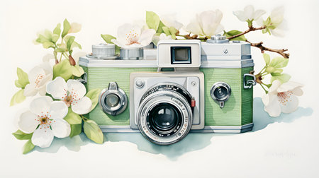 Retro camera with spring flowers on white background. Vintage style.の素材