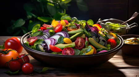 Fresh vegetable salad with avocado, tomato, onion and basil in a bowlの素材