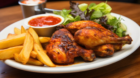 Grilled chicken wings with french fries and salad on a white plateの素材