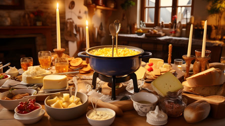 Cheese fondue on a wooden table in a rustic styleの素材
