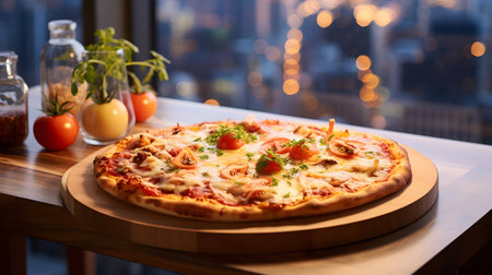 Pizza with mozzarella cheese, tomatoes and basil on wooden tableの素材
