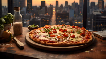 Delicious pizza on a wooden table with a view of the cityの素材