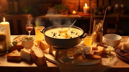Cheese fondue with bread and wine on table in restaurant, closeupの素材