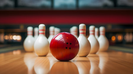 Bowling ball and pins on the bowling alley, shallow depth of fieldの素材