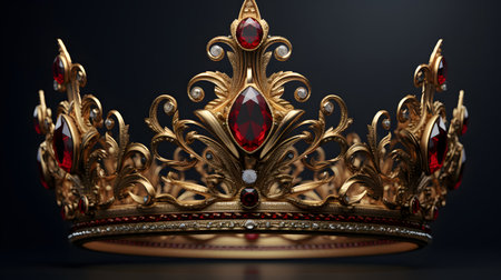 low key image of beautiful queen crown. gold crown with red gemsの素材