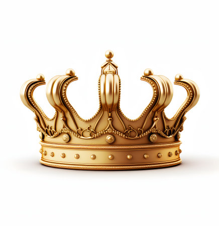 Gold crown isolated on white background. 3D illustration. Studio shot.の素材