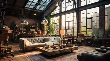 Interior of a loft living room with a large window overlooking the city. 3d renderingの素材