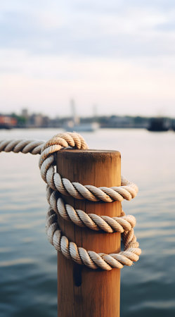 Rope on the pier, close-up. Rope tied to a wooden post.の素材
