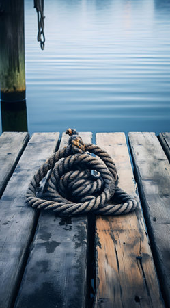 Rope tied to a wooden pier on a lake in the summerの素材